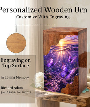 Purple Butterfly Wooden Cremation Urn – Wooden Urn for Human Ashes