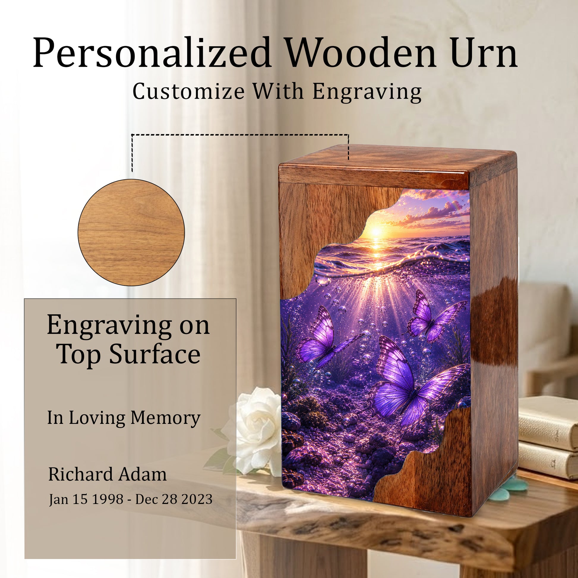 Purple Butterfly Wooden Cremation Urn – Wooden Urn for Human Ashes
