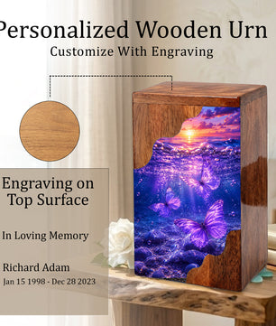Purple Butterfly Ocean Wooden Cremation Urn – Wooden Urn for Human Ashes