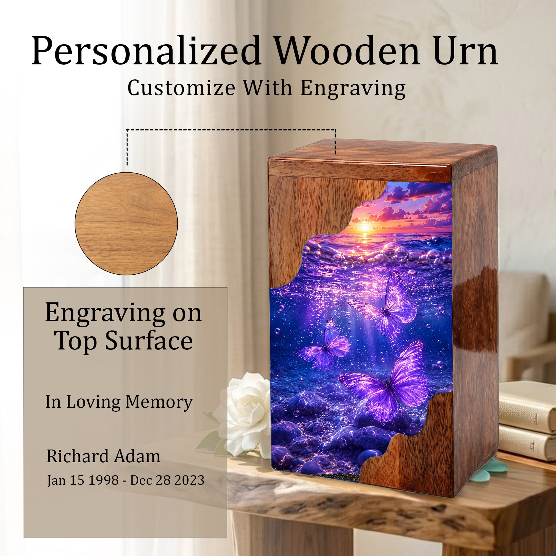 Purple Butterfly Ocean Wooden Cremation Urn – Wooden Urn for Human Ashes