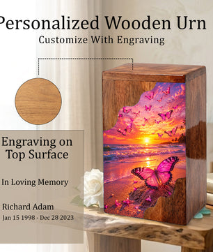 Butterfly Wooden Cremation Urn – Sunset Beach Memorial Urn for Ashes