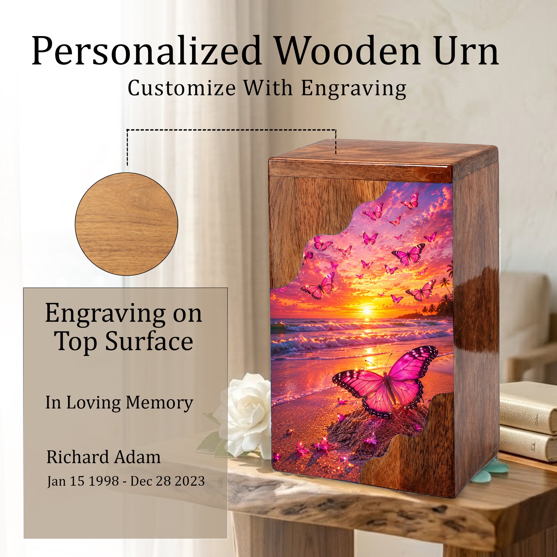 Butterfly Wooden Cremation Urn – Sunset Beach Memorial Urn for Ashes