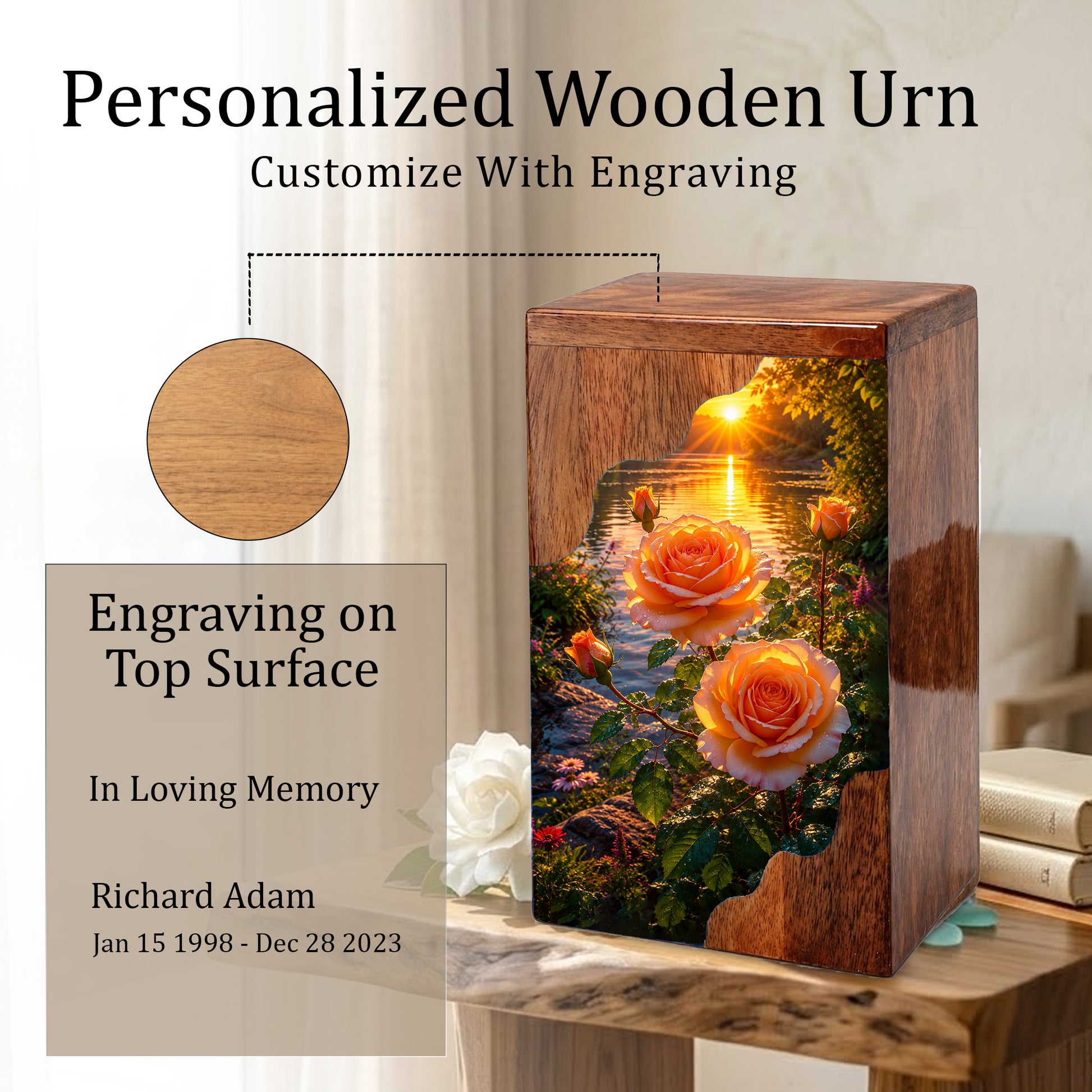 Rose Wooden Cremation Urn for Mom | Personalized Wooden Urn for Human Ashes