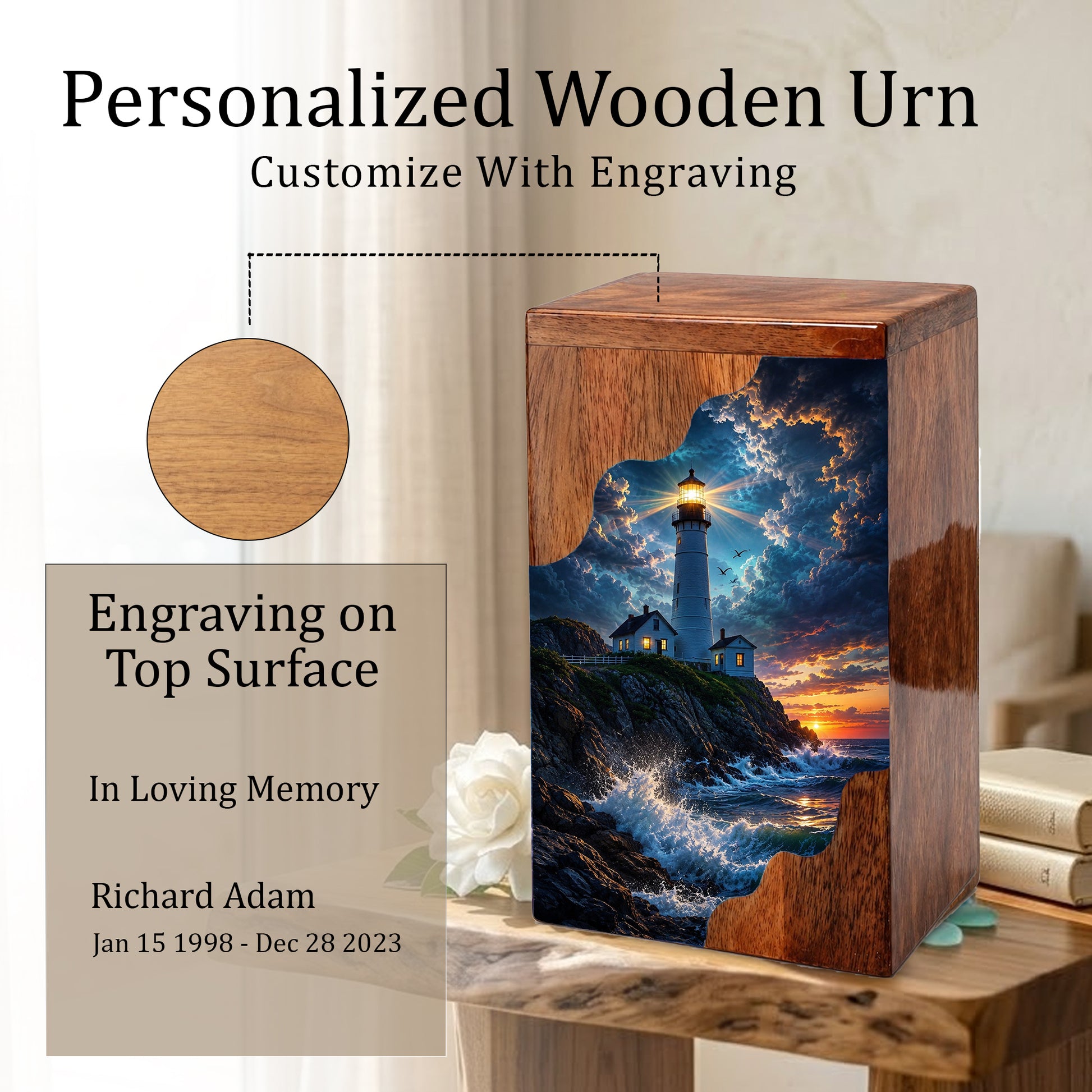 Lighthouse Wooden Cremation Urn for Human Ashes