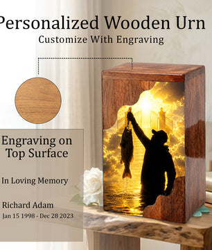 Fishing in Heaven Wooden Cremation Urn – Gone Fishing Memorial Urn for Human Ashes
