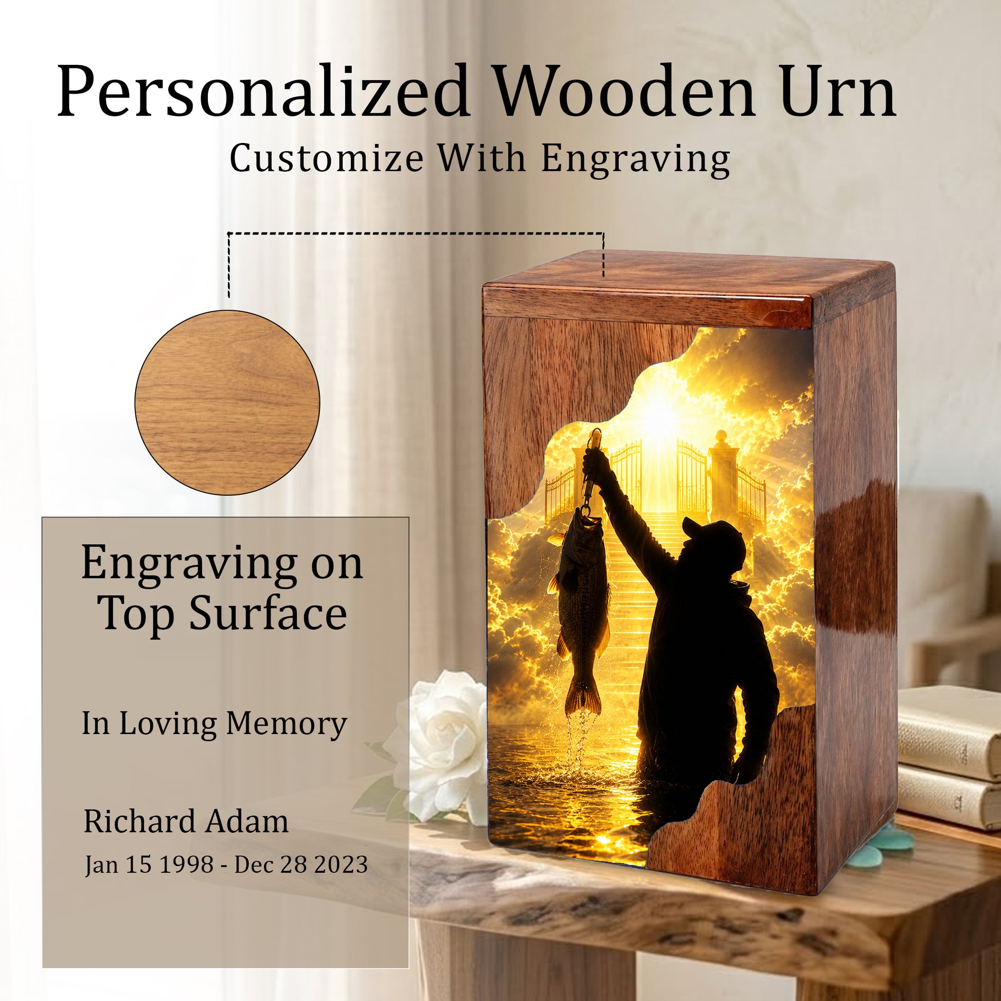 Fishing in Heaven Wooden Cremation Urn – Gone Fishing Memorial Urn for Human Ashes