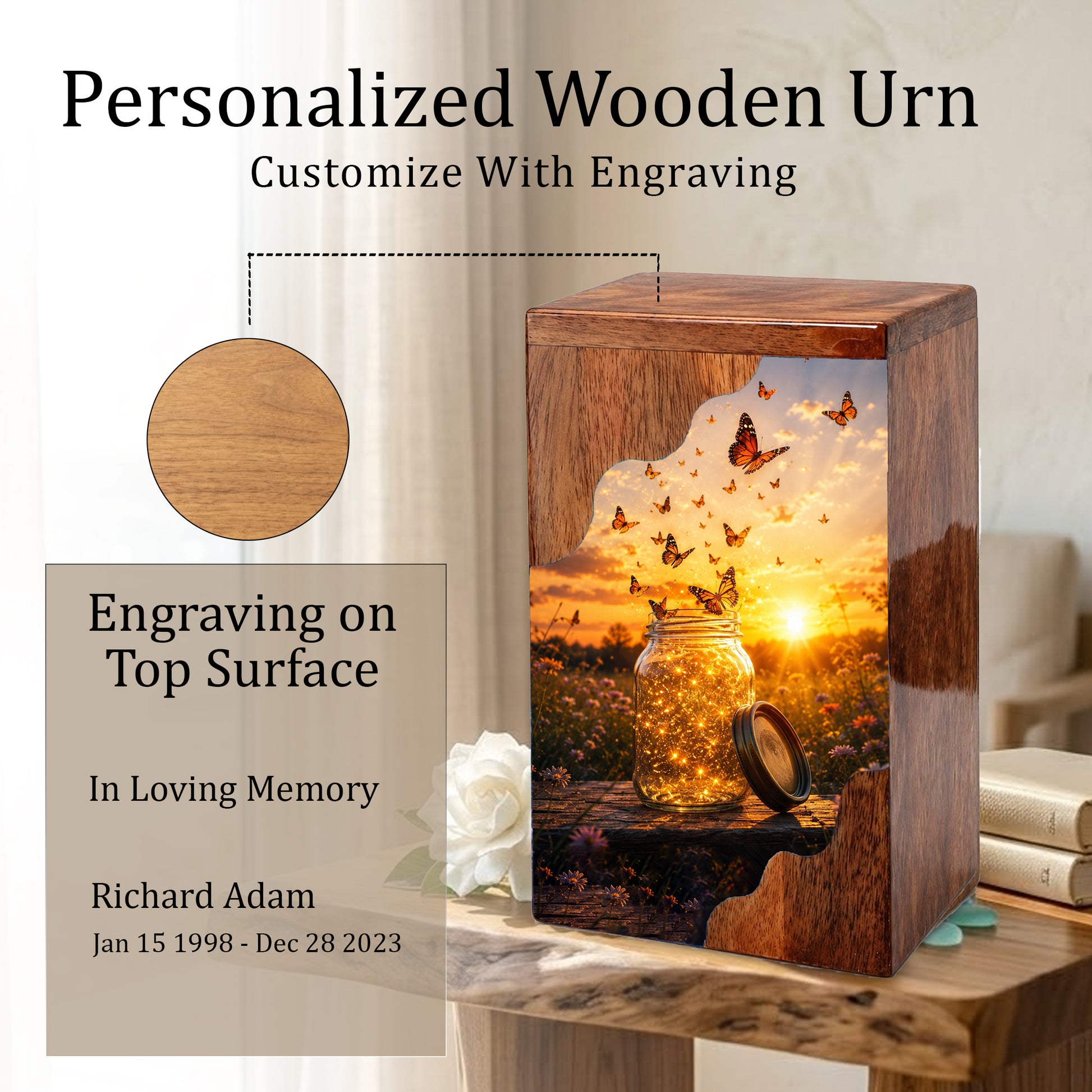 Butterfly Wooden Cremation Urn – Sunset Memorial Urn for Human Ashes