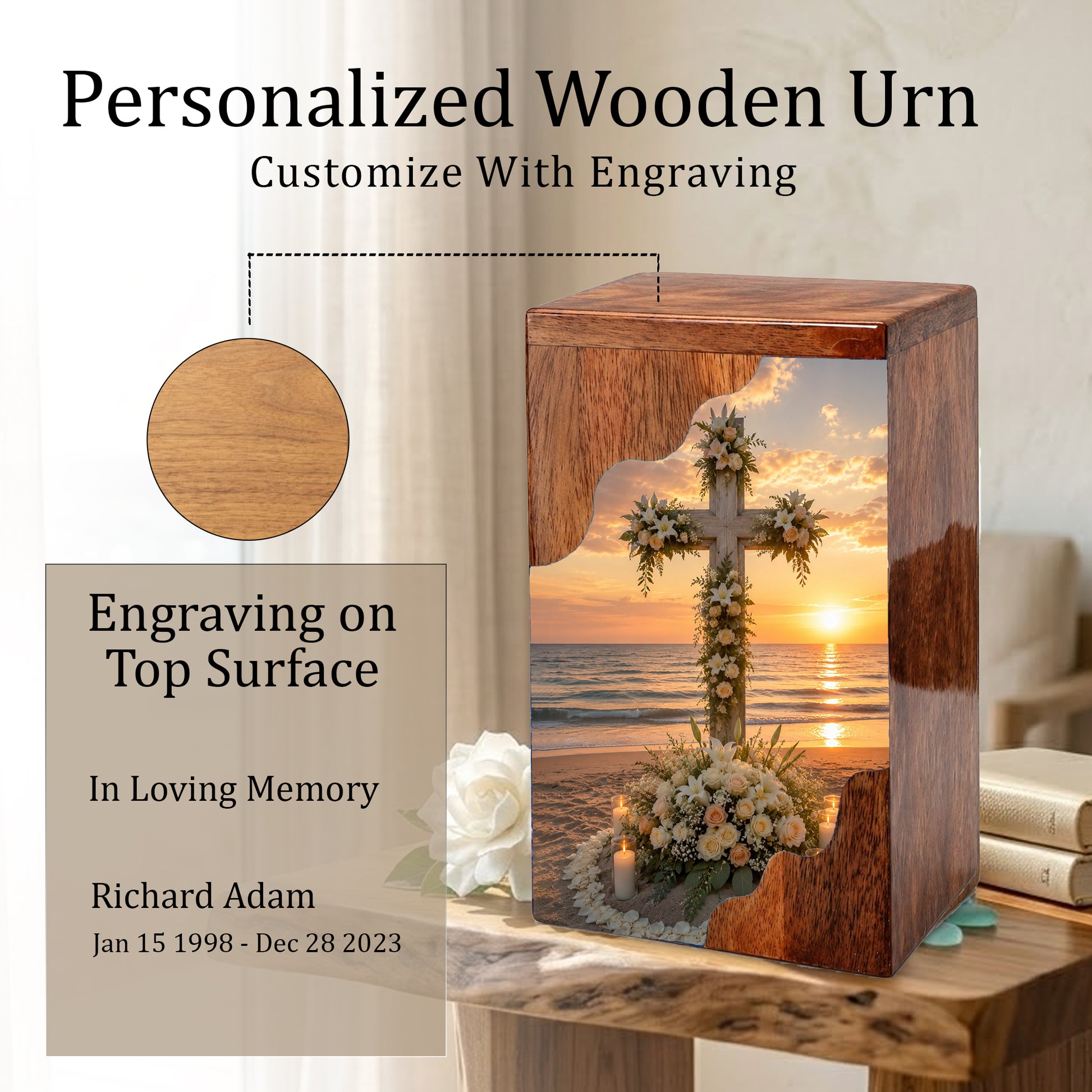 Wooden Cremation Urn for Human Ashes, Christian Urn