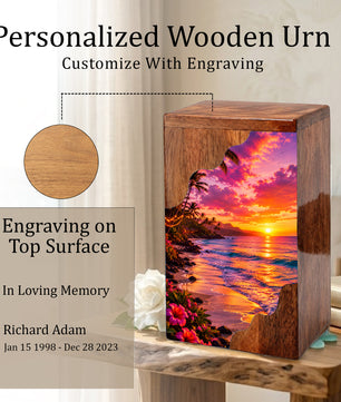 Sunset Beach Wooden Cremation Urn – Coastal Memorial Urn for Human Ashes