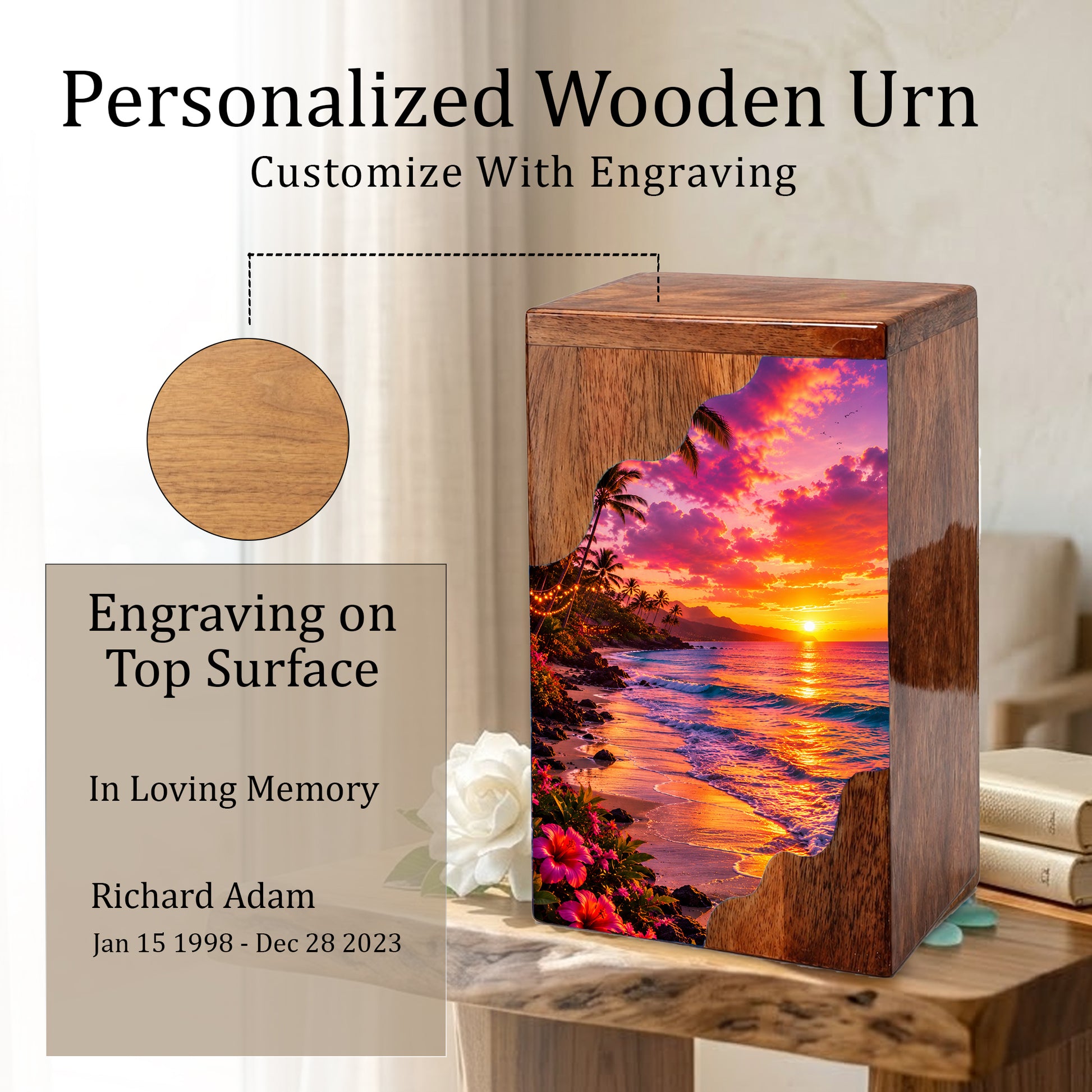 Sunset Beach Wooden Cremation Urn – Coastal Memorial Urn for Human Ashes