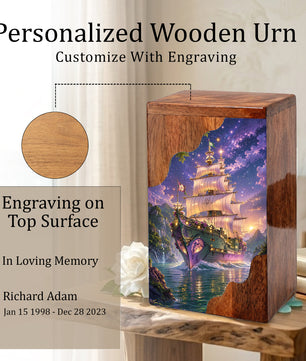 Wooden Cremation Urn for Human Ashes, Sailing Ship Memorial Urn, Adult Cremation Urn
