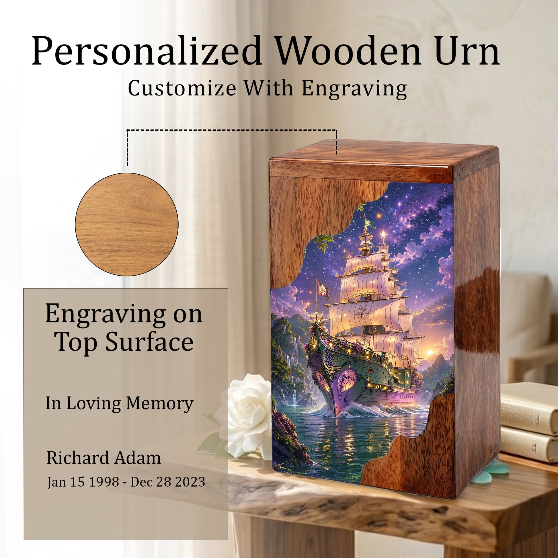 Wooden Cremation Urn for Human Ashes, Sailing Ship Memorial Urn, Adult Cremation Urn