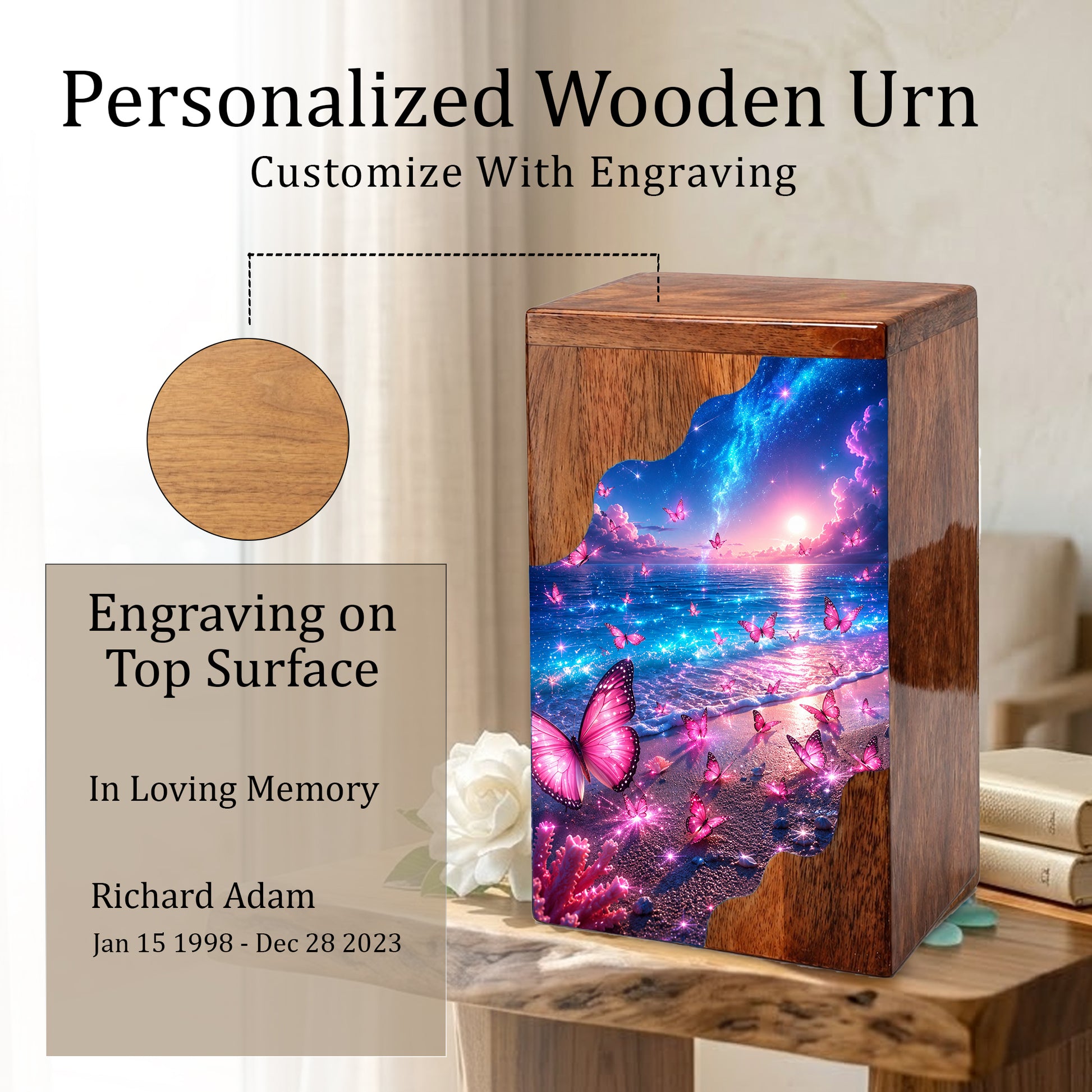 Celestial Butterfly Wooden Cremation Urn – Butterfly Memorial Urn for Human Ashes