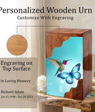 Hummingbird & Blue Butterfly Wooden Cremation Urn – Symbolic Memorial Wooden Urn for Human Ashes