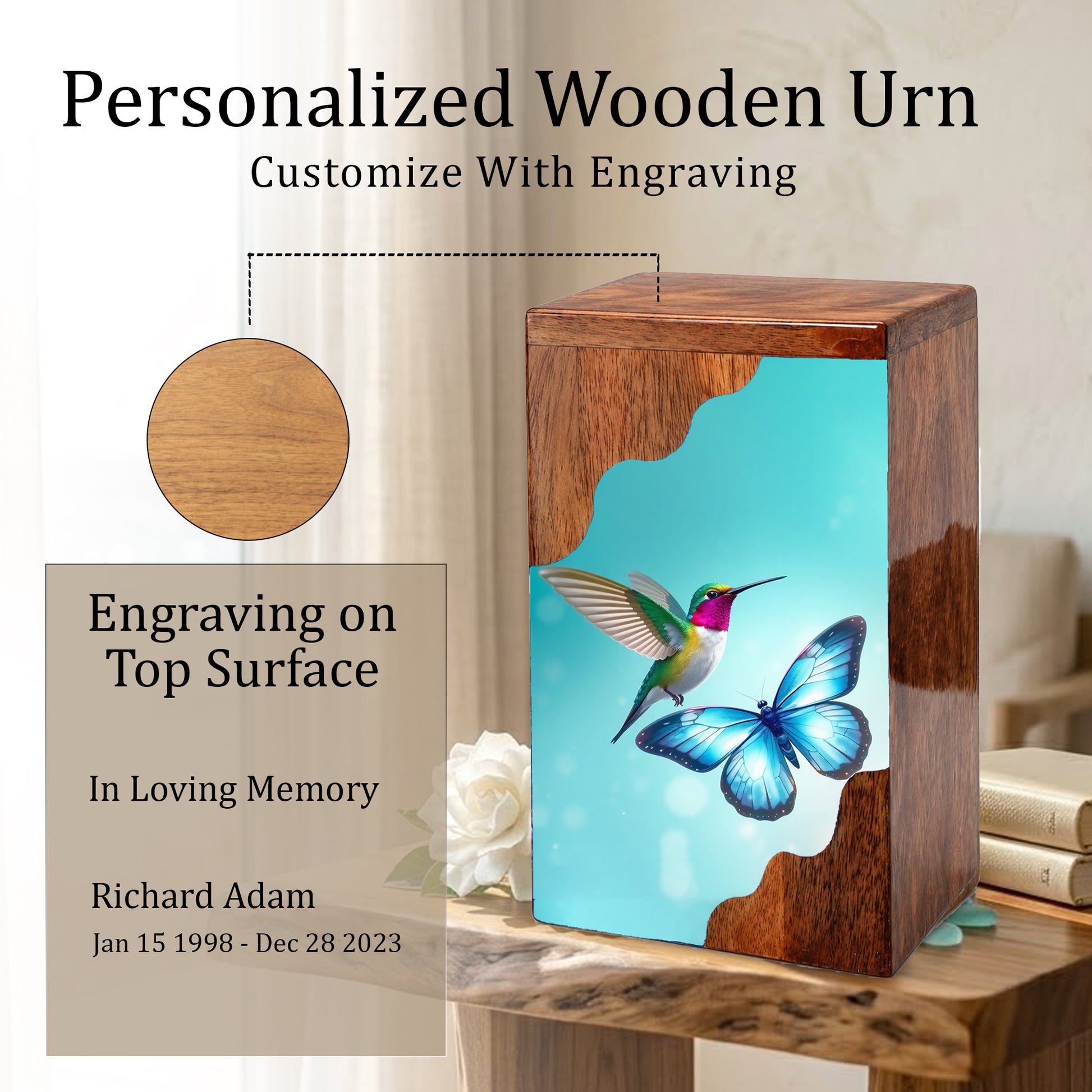 Hummingbird & Blue Butterfly Wooden Cremation Urn – Symbolic Memorial Wooden Urn for Human Ashes