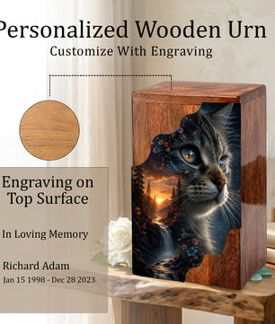 Personalized Cat Urn, Custom Pet Urn for Cat, Wooden Cremation Urn