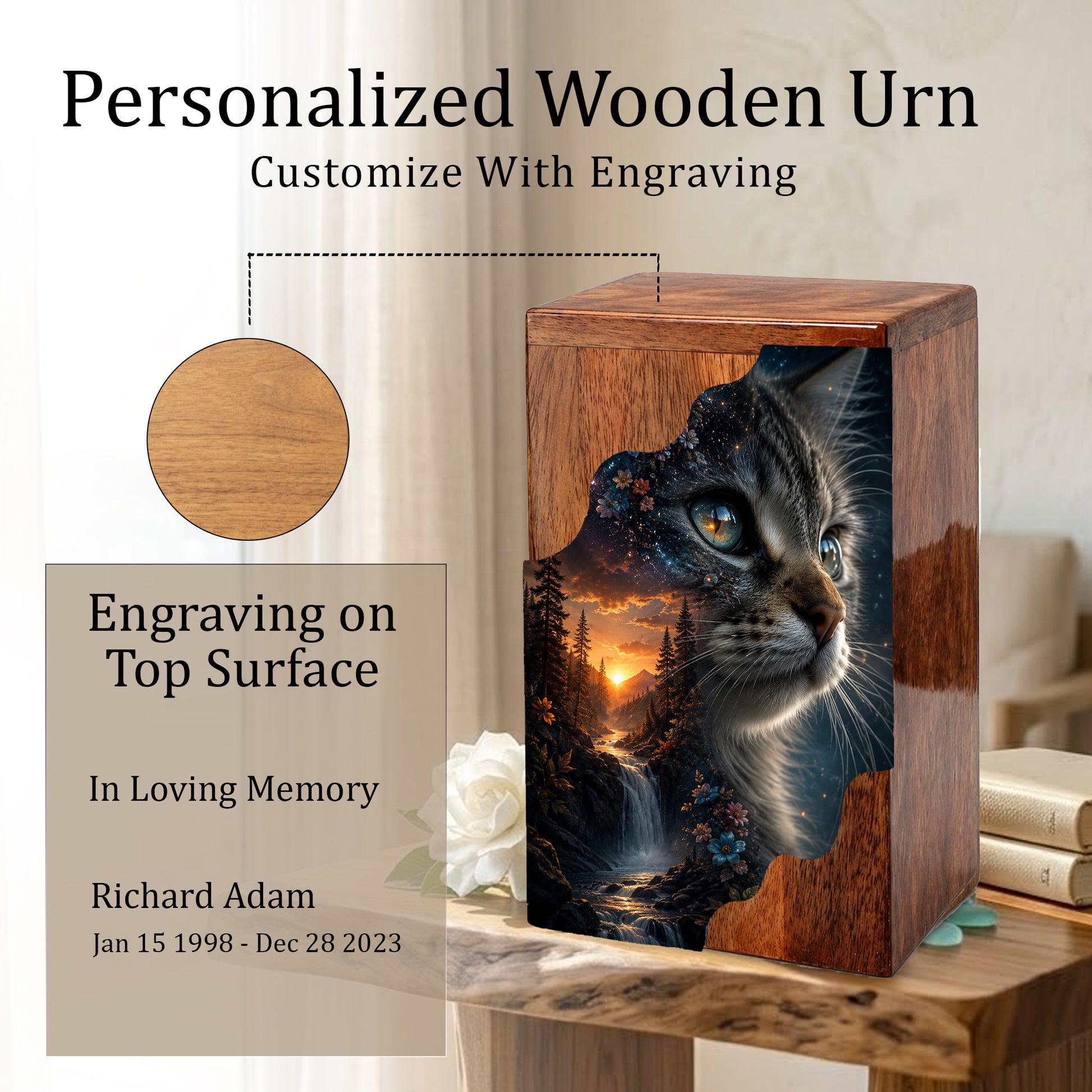 Personalized Cat Urn, Custom Pet Urn for Cat, Wooden Cremation Urn