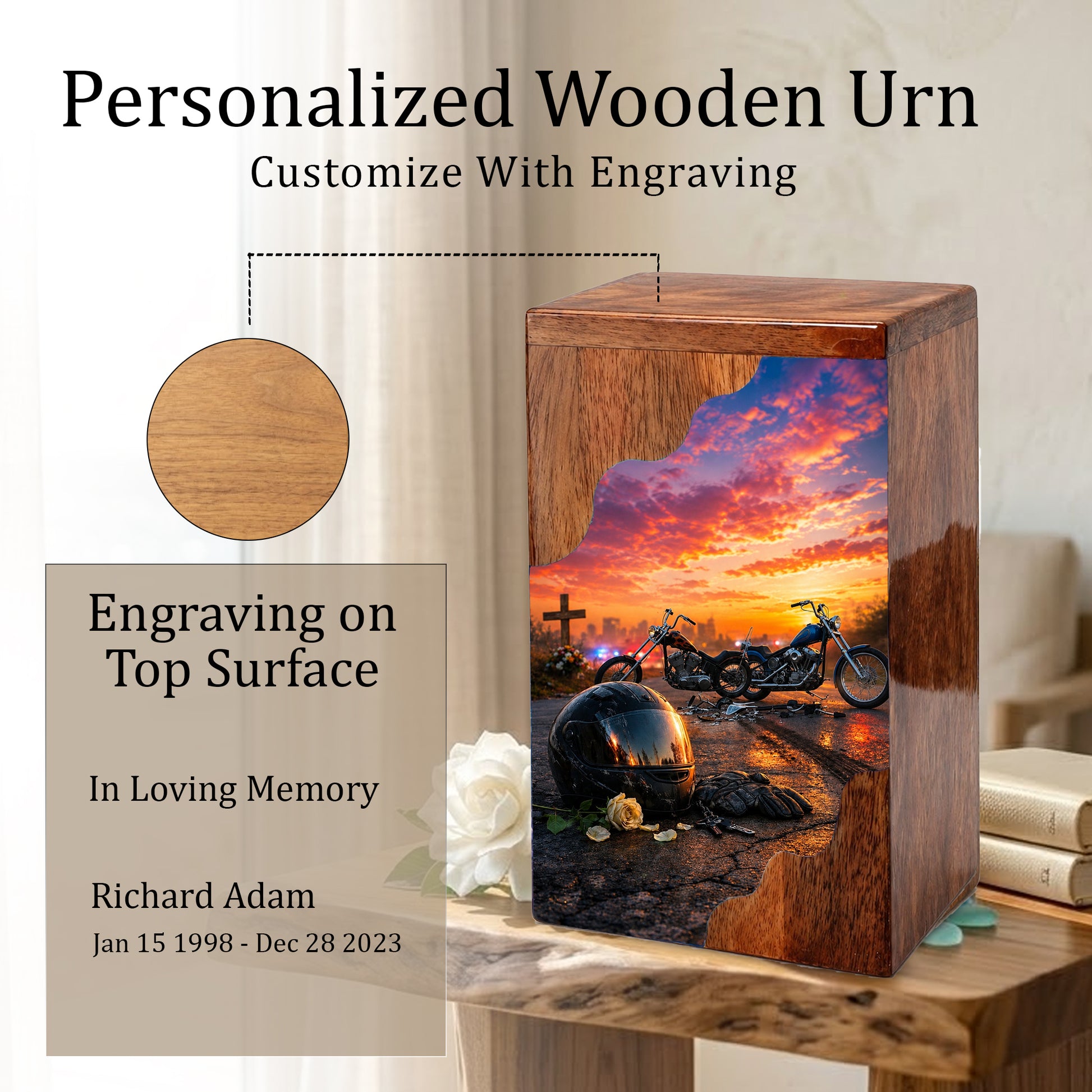 Motorcycle Memorial Wooden Cremation Urn – Wooden Urn for Human Ashes