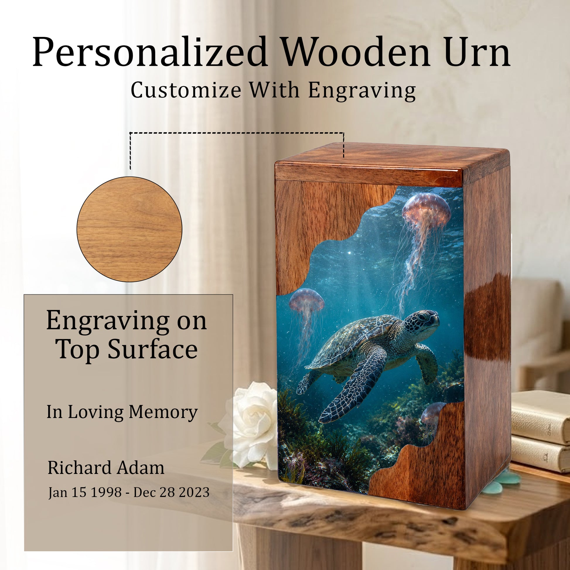 Sea Turtle Wooden Cremation Urn for Human Ashes | Adult Cremation Urn |