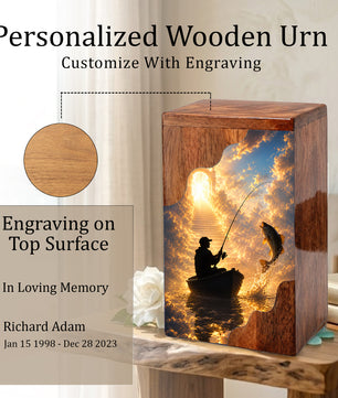 Heavenly Fishing Wooden Cremation Urn – Personalized Memorial Urn for Human Ashes