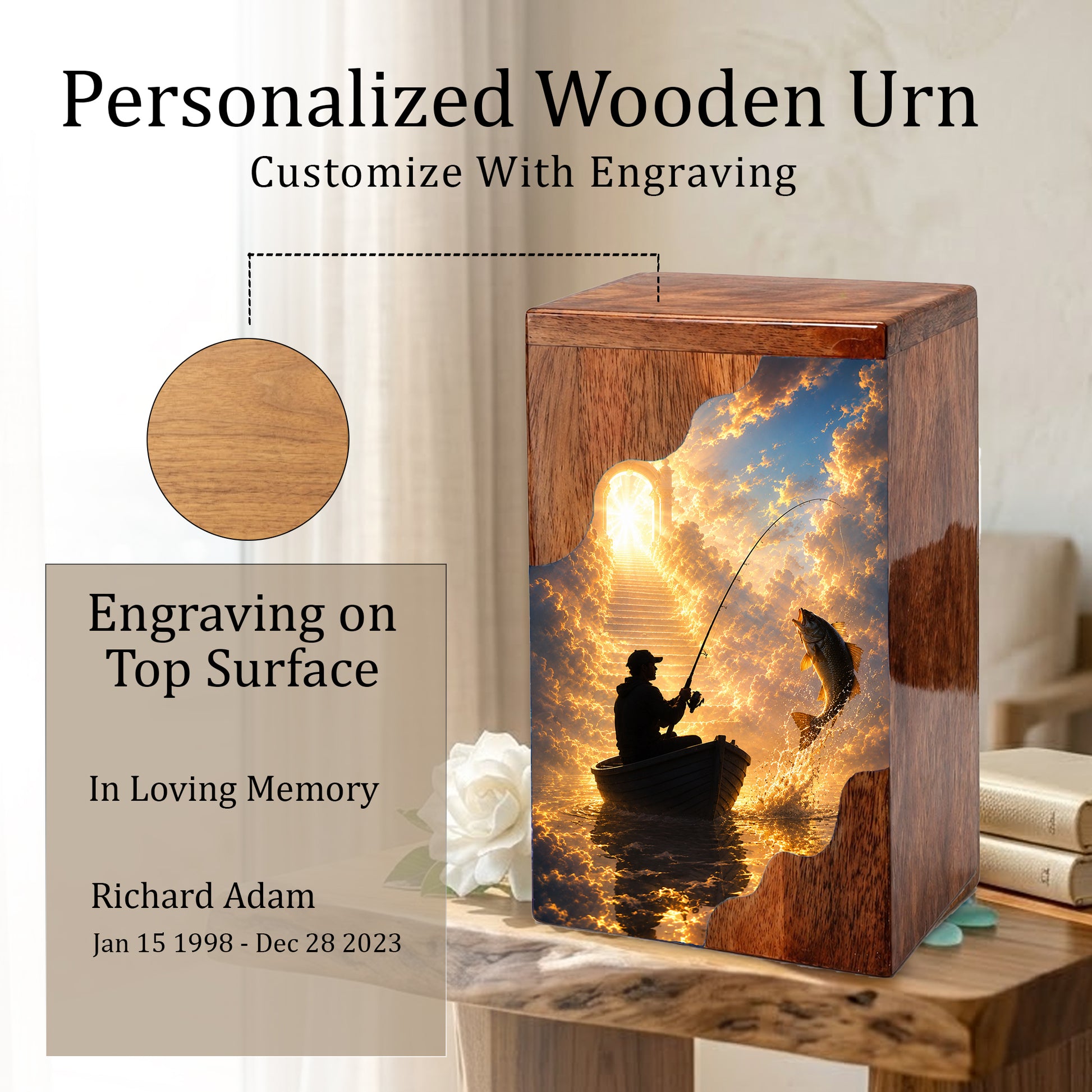 Heavenly Fishing Wooden Cremation Urn – Personalized Memorial Urn for Human Ashes