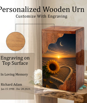 Sunflower Beach Wooden Cremation Urn for Mom | Personalized Memorial Urn for Human Ashes