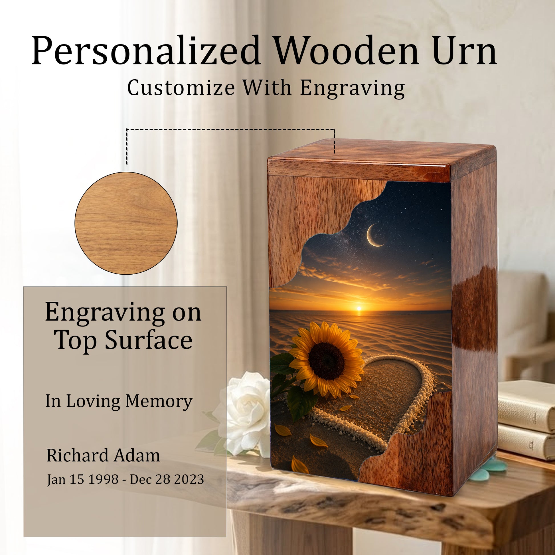 Sunflower Beach Wooden Cremation Urn for Mom | Personalized Memorial Urn for Human Ashes