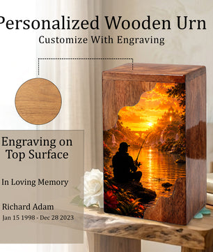 Eternal Waters Fishing Wooden Cremation Urn – Personalized Memorial Urn for Human Ashes
