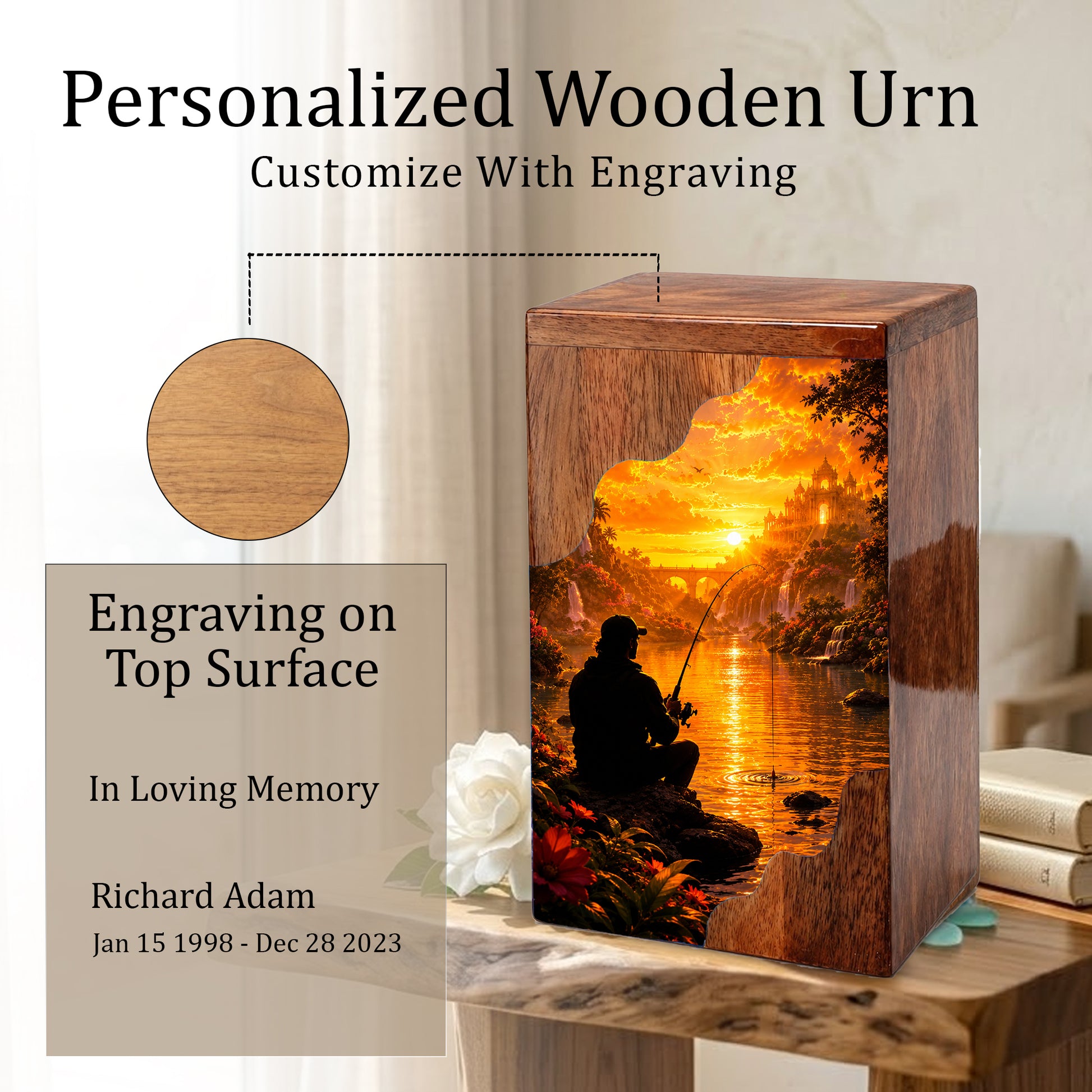 Eternal Waters Fishing Wooden Cremation Urn – Personalized Memorial Urn for Human Ashes