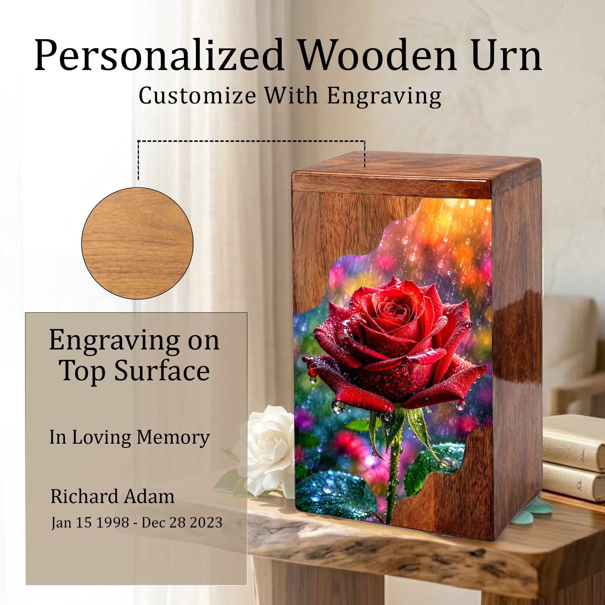 Red Rose Wooden Cremation Urn – Wooden Urn for Human Ashes