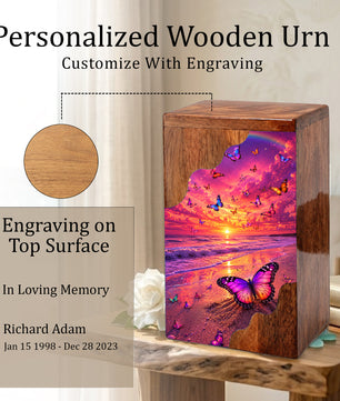 Butterfly Sunset Wooden Cremation Urn – Butterfly Memorial Urn for Human Ashes
