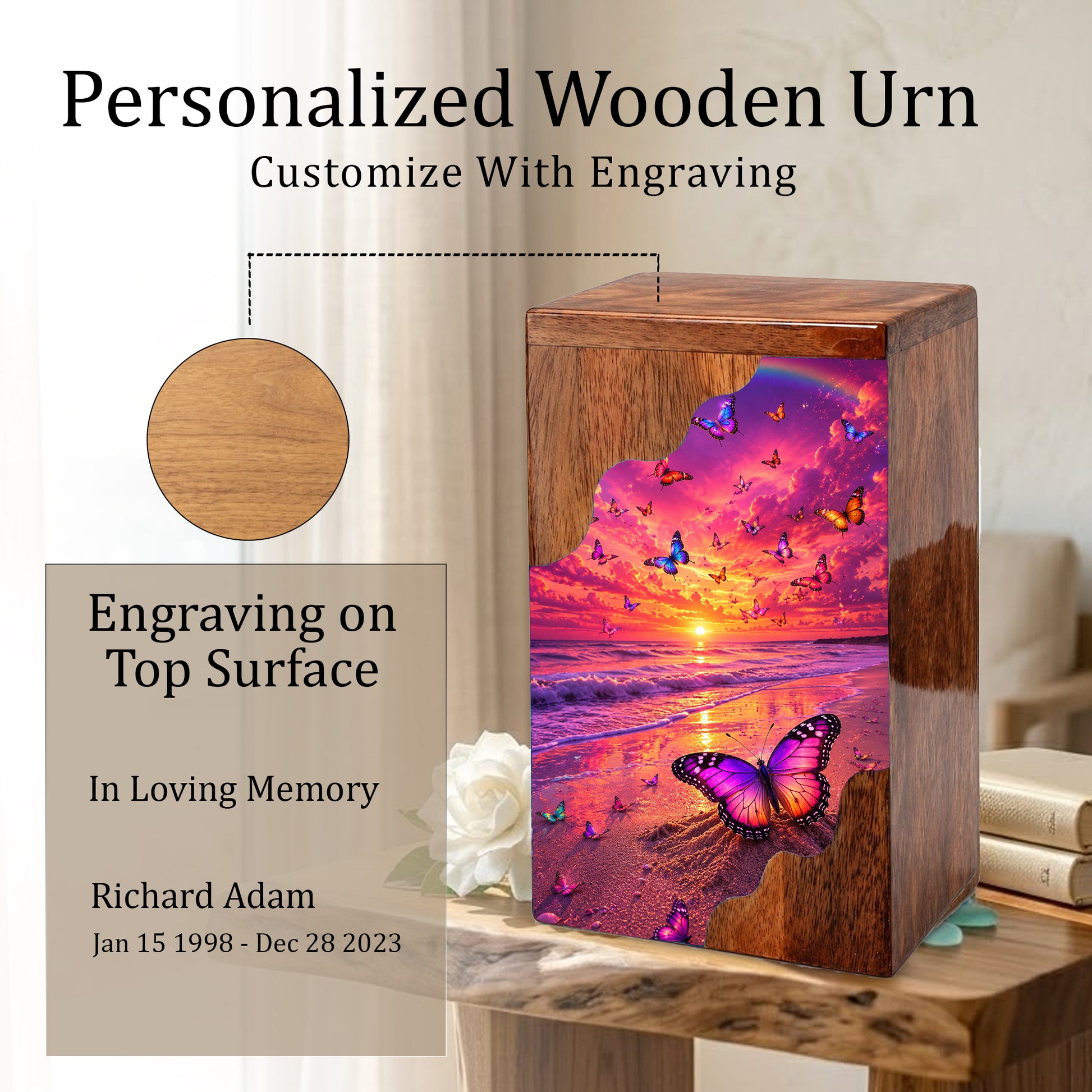 Butterfly Sunset Wooden Cremation Urn – Butterfly Memorial Urn for Human Ashes