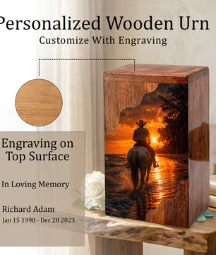 Western Cowboy Wooden Cremation Urn for Human Ashes