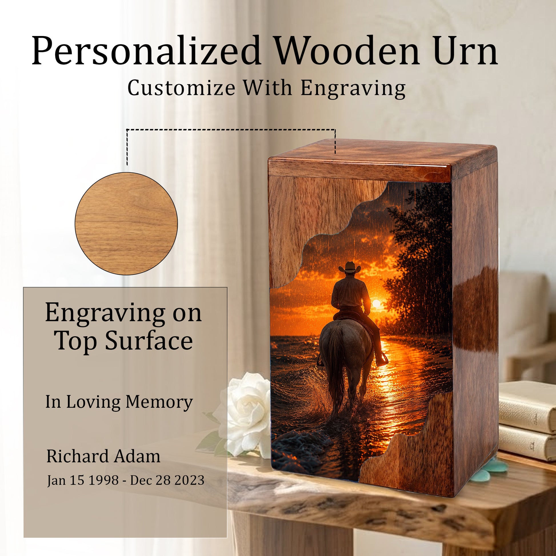 Western Cowboy Wooden Cremation Urn for Human Ashes