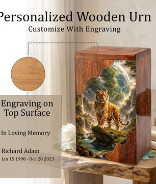 Personalised Urns for Dad, Wooden Cremation Urn for Human Ashes, Tiger Memorial Urn