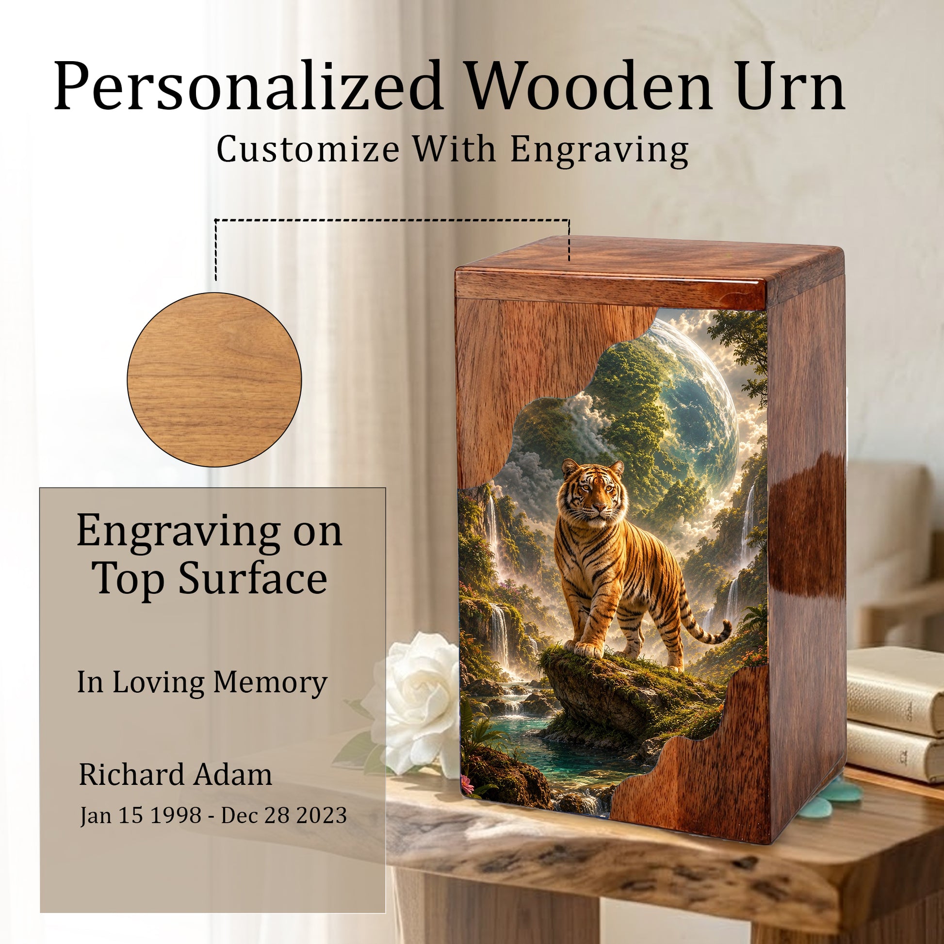 Personalised Urns for Dad, Wooden Cremation Urn for Human Ashes, Tiger Memorial Urn