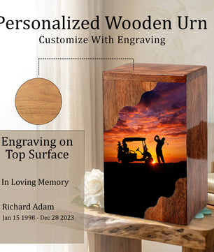 Personalized Golf Wooden Cremation Urn – Sunset Golf Memorial Urn | Custom Wooden Urn for Dad