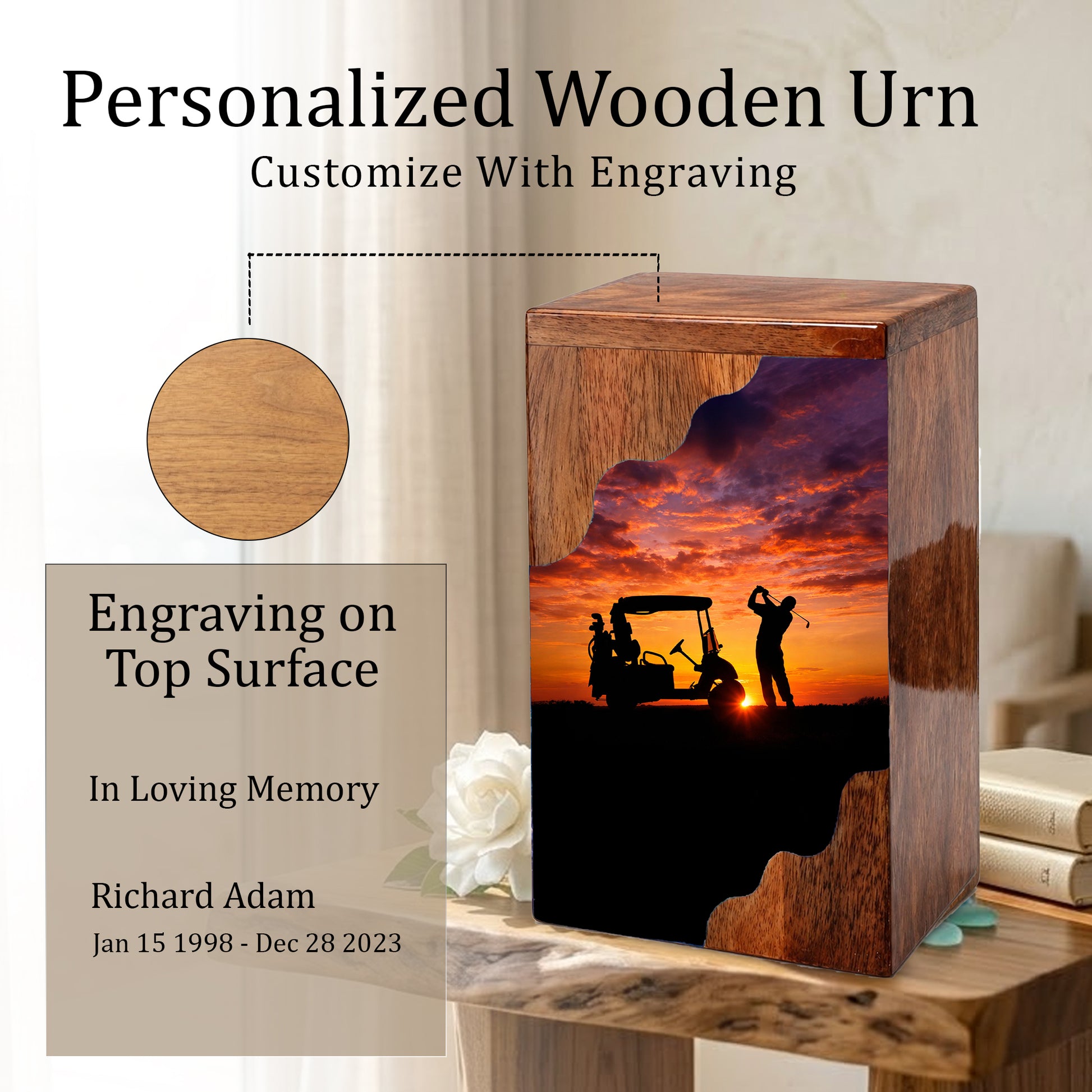 Personalized Golf Wooden Cremation Urn – Sunset Golf Memorial Urn | Custom Wooden Urn for Dad