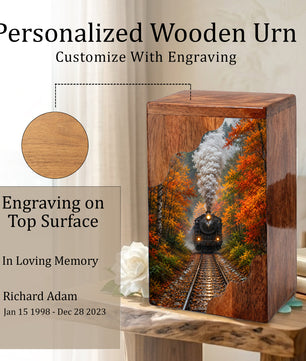 Personalized Wooden Cremation Urn for Mom & Dad, Steam Train Memorial Urn