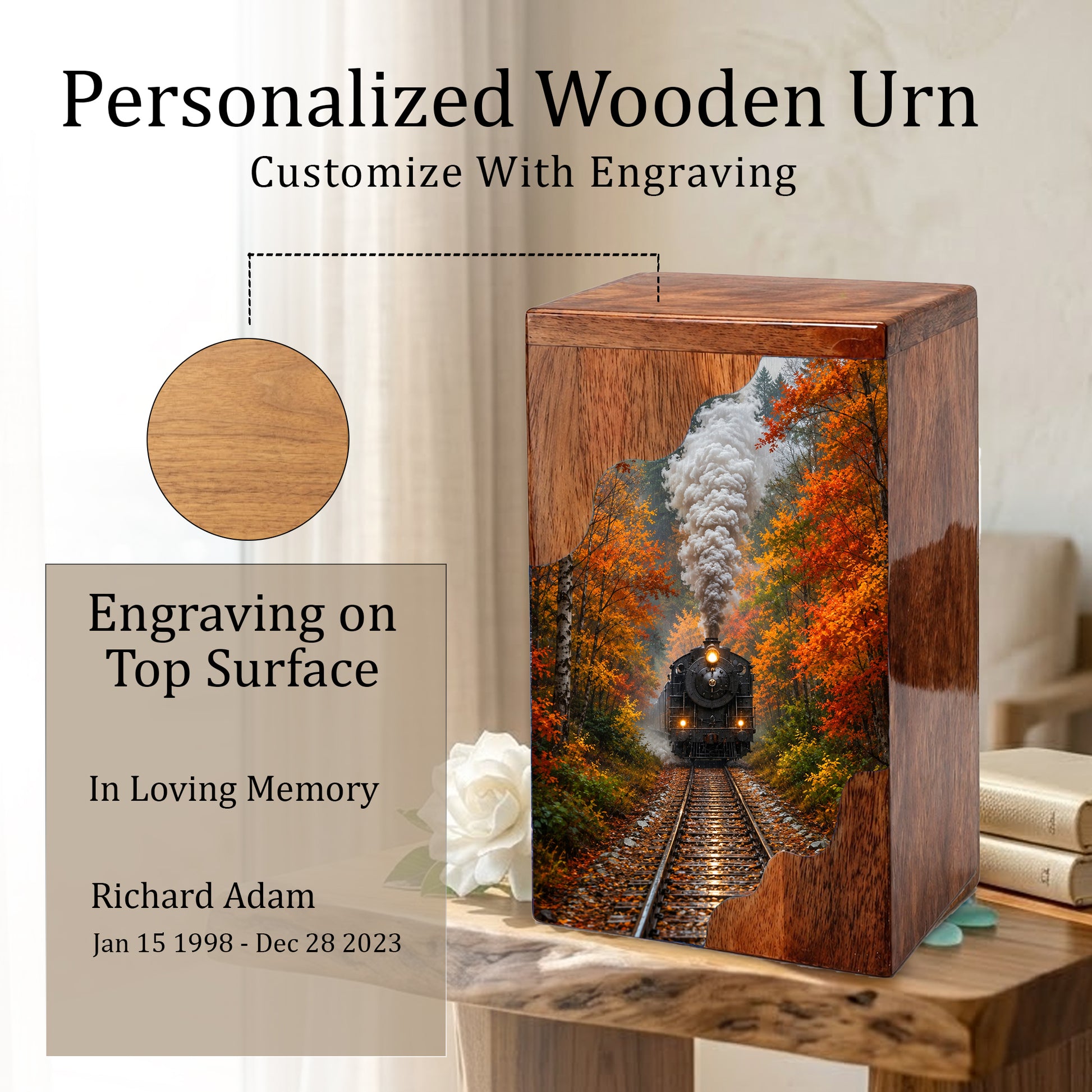Personalized Wooden Cremation Urn for Mom & Dad, Steam Train Memorial Urn