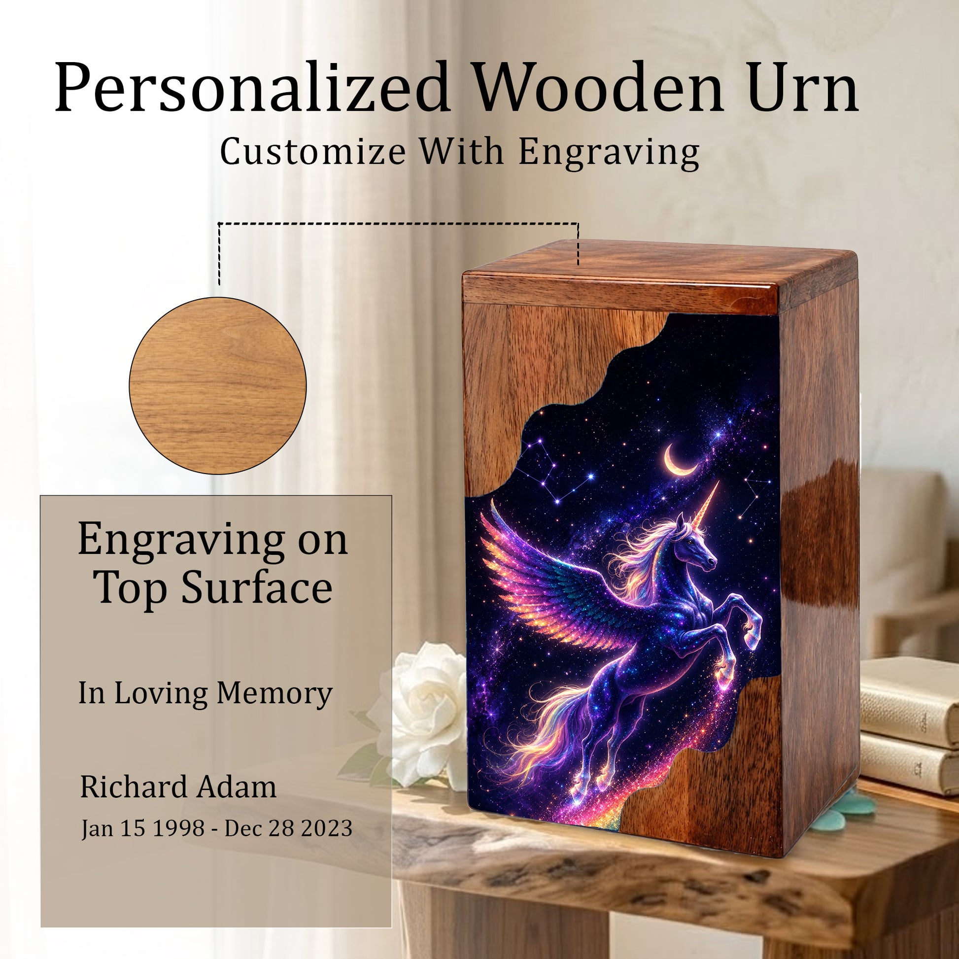 Celestial Pegasus Unicorn Wooden Cremation Urn – Personalized Memorial Urn for Human Ashes