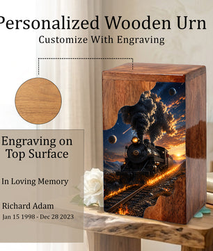 Steam Train Wooden Cremation Urn for Human Ashes | Personalized Railroad Memorial Urn
