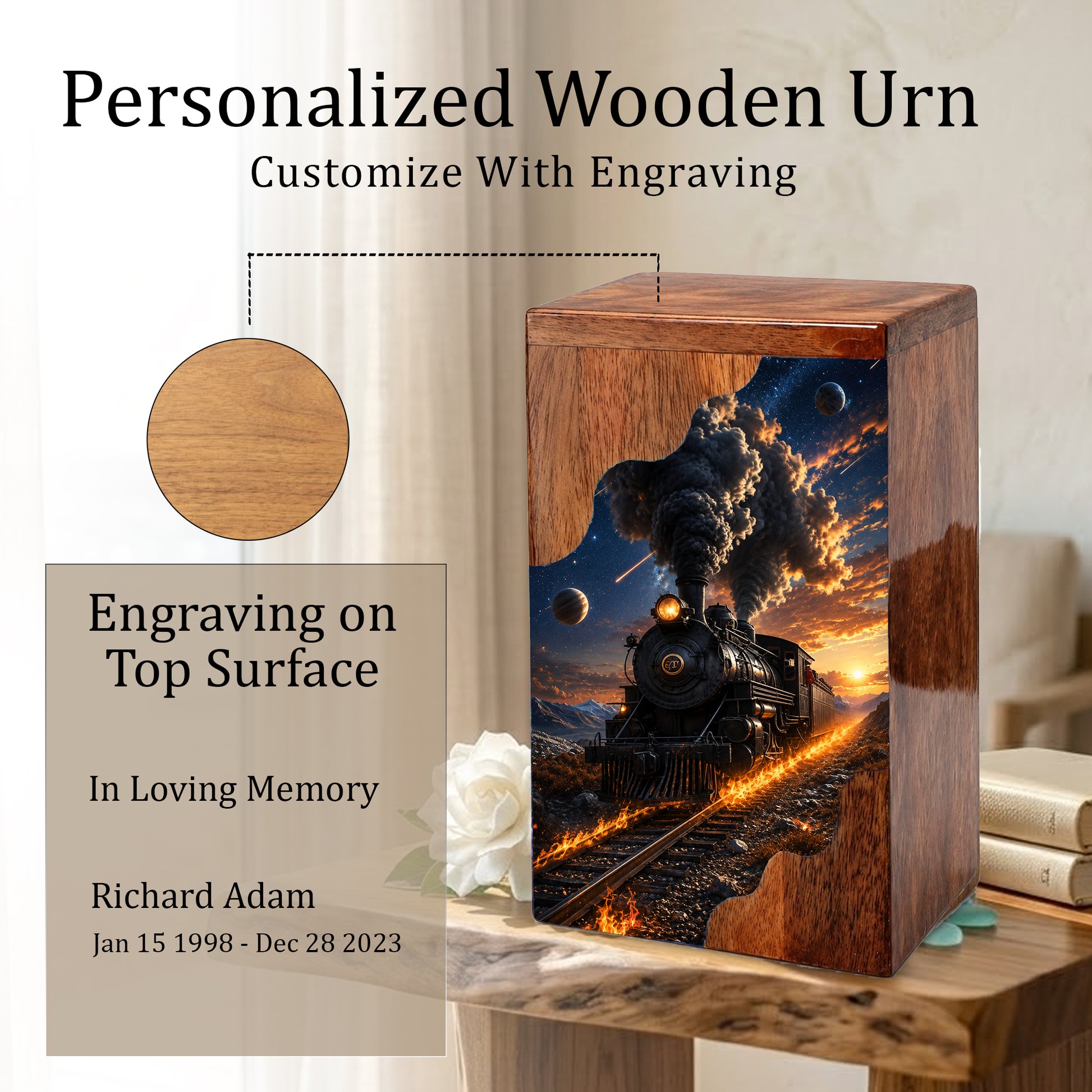Steam Train Wooden Cremation Urn for Human Ashes | Personalized Railroad Memorial Urn
