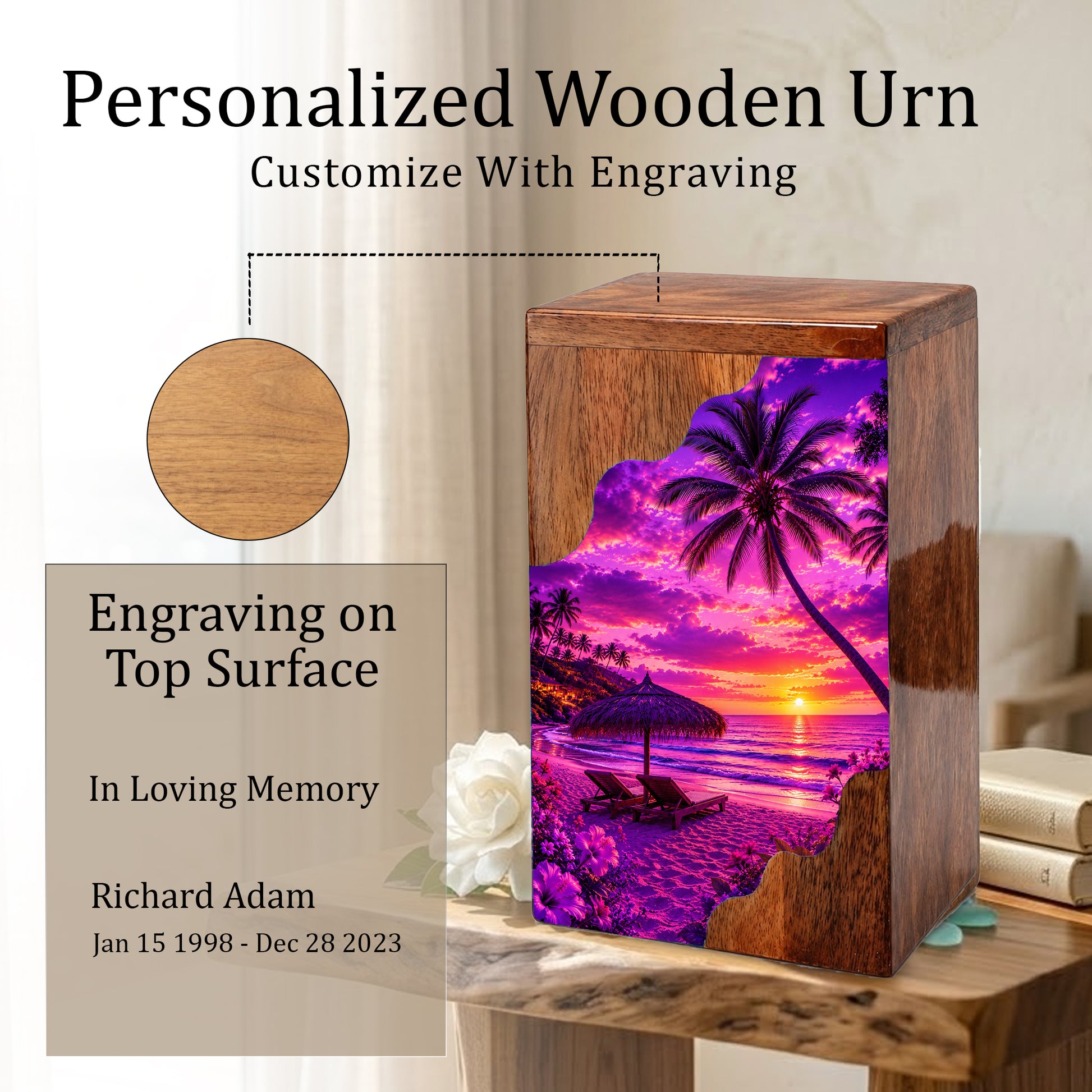 Sunset Beach Wooden Cremation Urn – Wooden Urn for Human Ashes