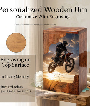 Motocross Cremation Urns for Human Ashes | Personalized Urns for Dad | Wooden Memorial Urn for Men