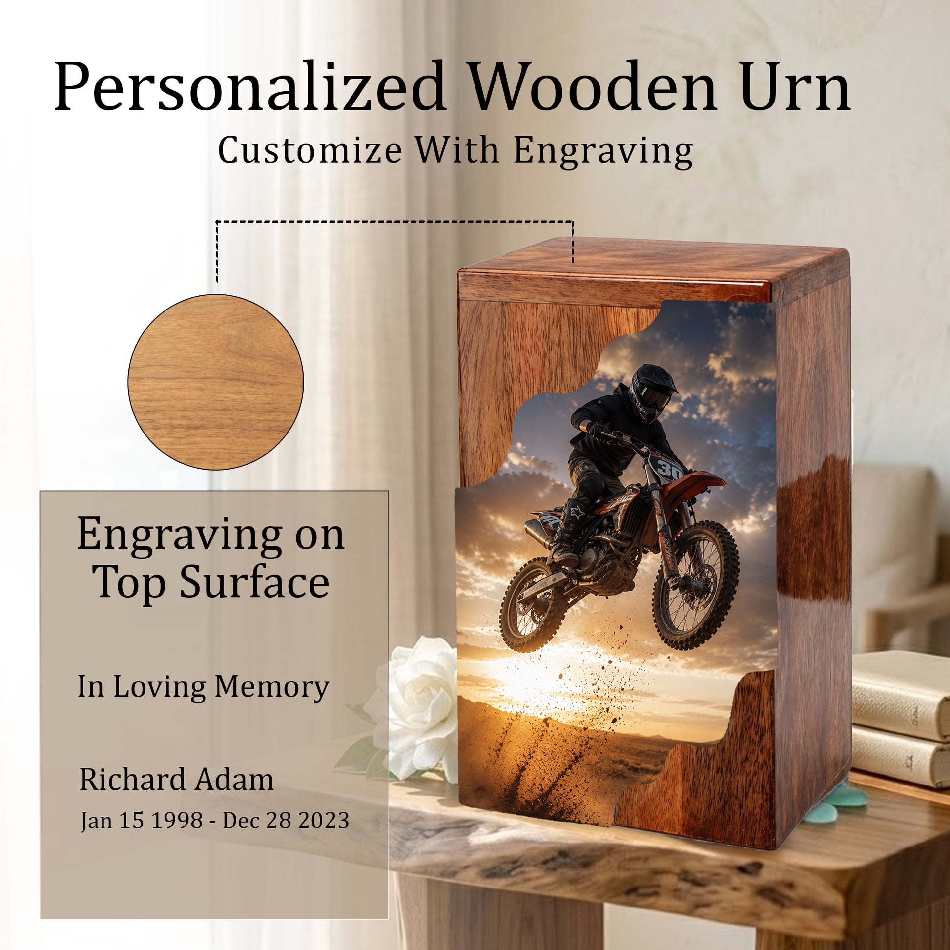 Motocross Cremation Urns for Human Ashes | Personalized Urns for Dad | Wooden Memorial Urn for Men