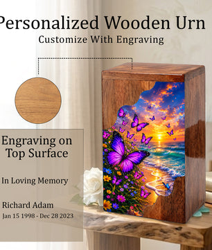 Purple Butterfly Beach Wooden Cremation Urn – Wooden Urn for Human Ashes