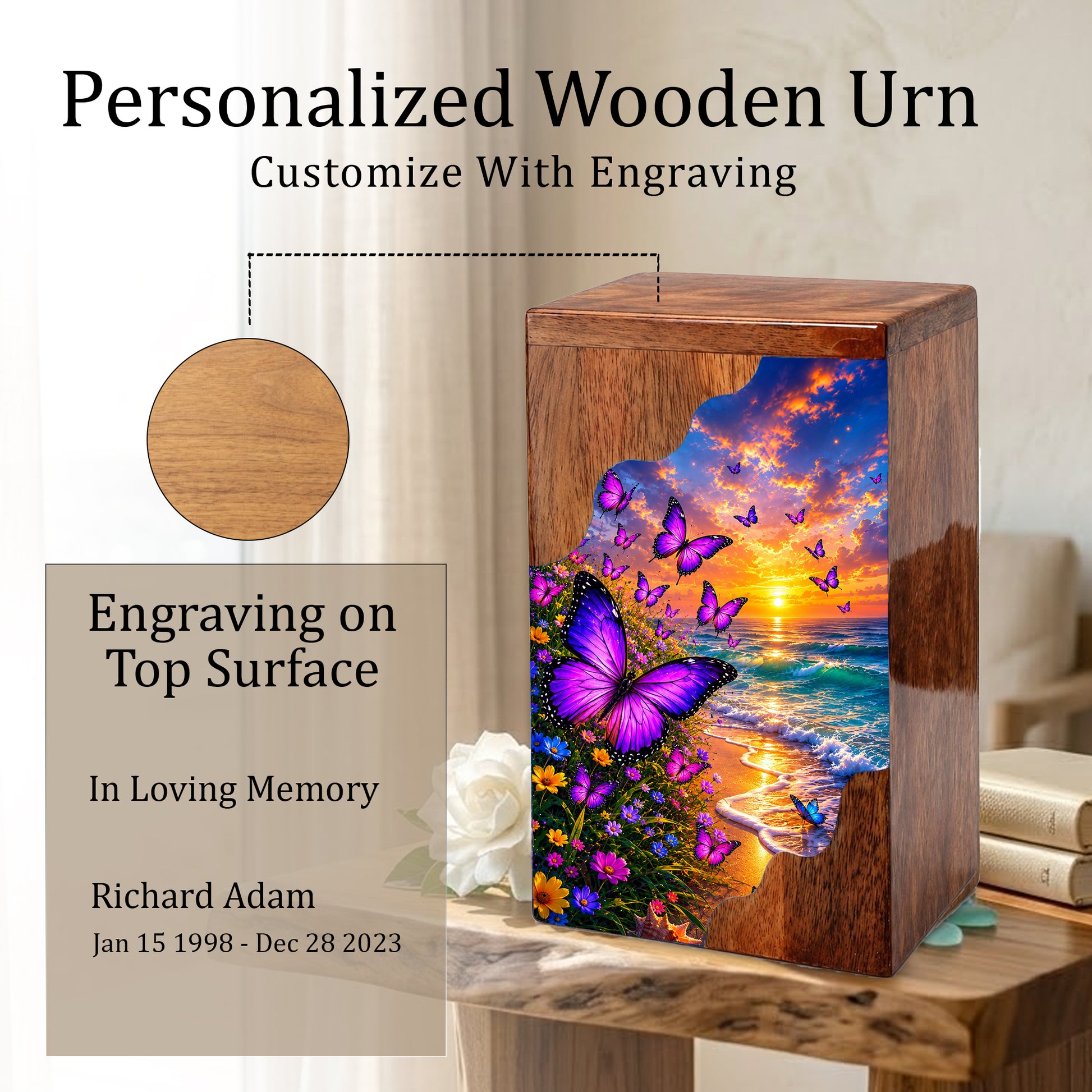 Purple Butterfly Beach Wooden Cremation Urn – Wooden Urn for Human Ashes
