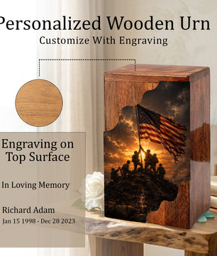 Patriotic Wooden Cremation Urn | Veteran Memorial Urn for Dad | Military Urn with American Flag