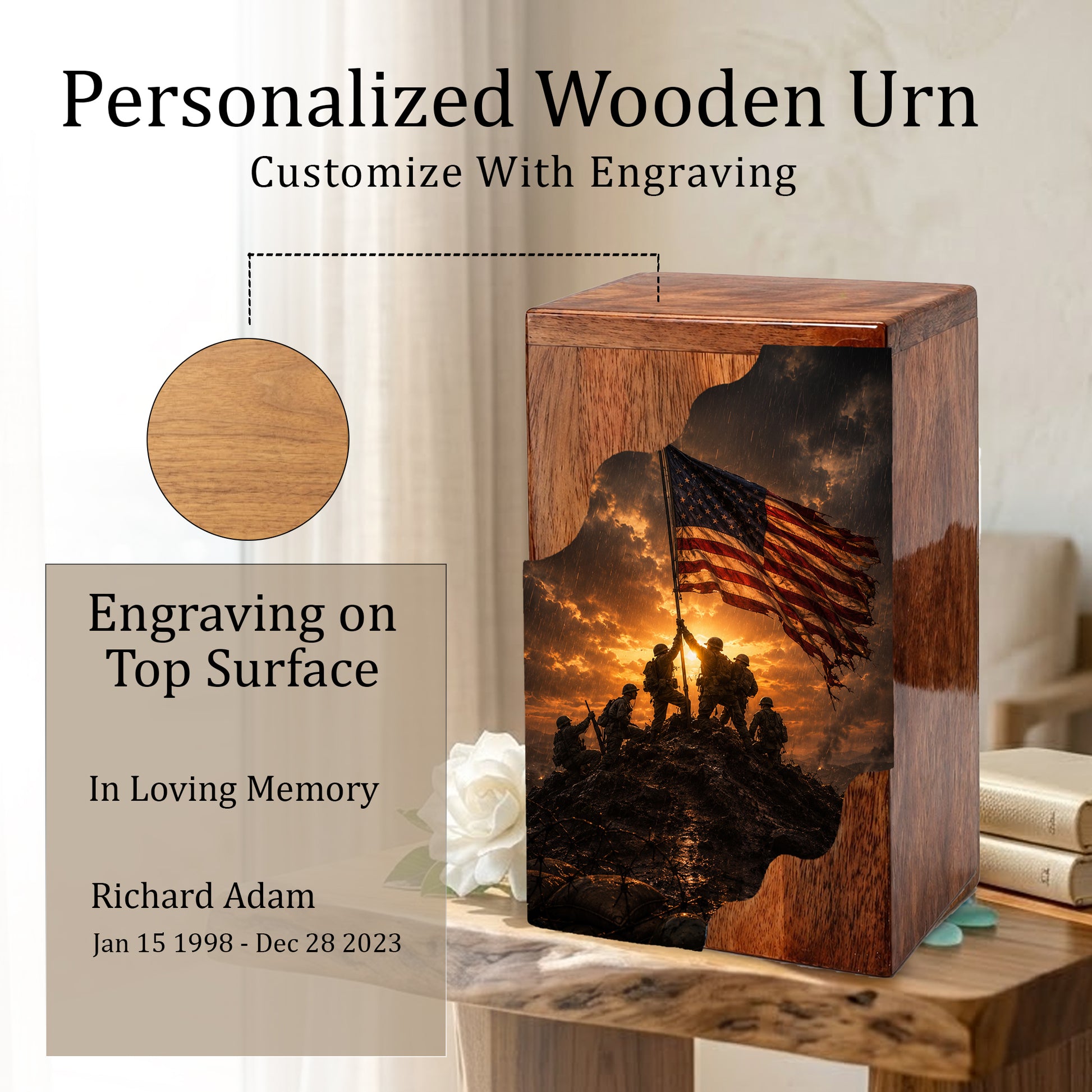 Patriotic Wooden Cremation Urn | Veteran Memorial Urn for Dad | Military Urn with American Flag